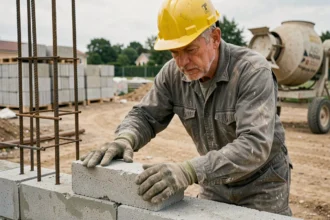Maçon posant un parpaing avec soin sur un chantier de construction résidentiel, illustrant les bonnes pratiques de pose rapide et de qualité