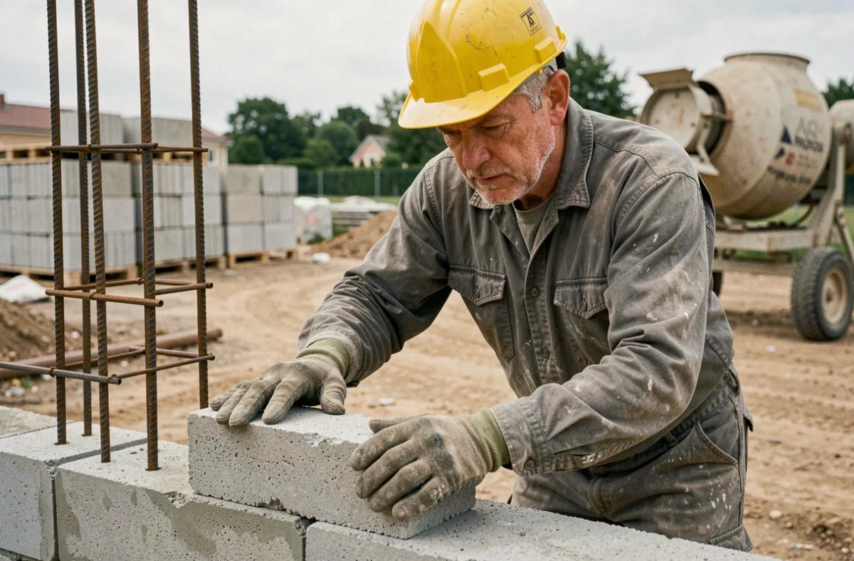 Maçon posant un parpaing avec soin sur un chantier de construction résidentiel, illustrant les bonnes pratiques de pose rapide et de qualité