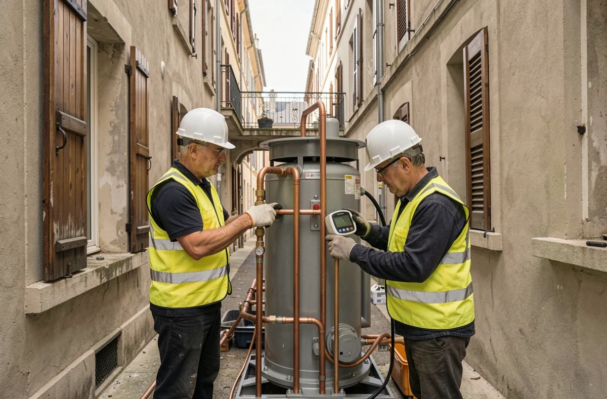 Deux techniciens posant une pompe à chaleur entre deux maisons de ville dans un quartier résidentiel de Nevers