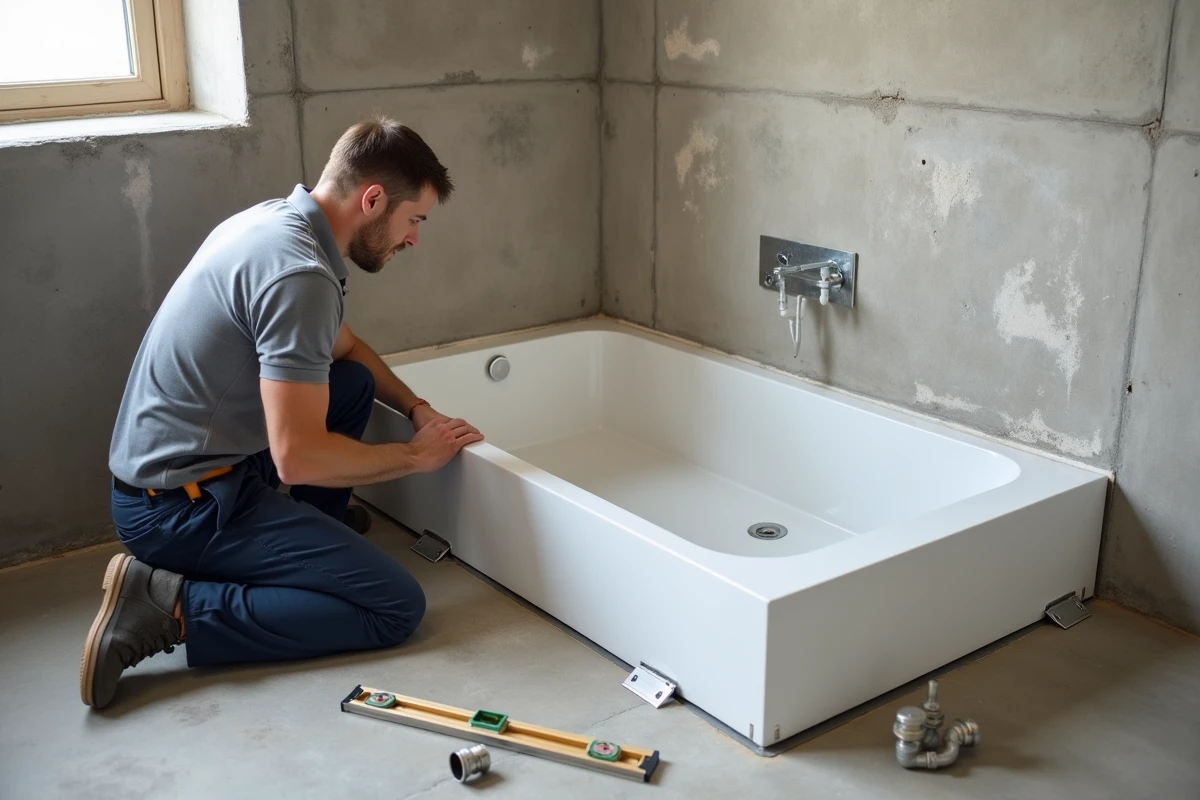 Plombier en train de poser un receveur de douche extra plat à poser sur pieds réglables dans une salle de bain en rénovation