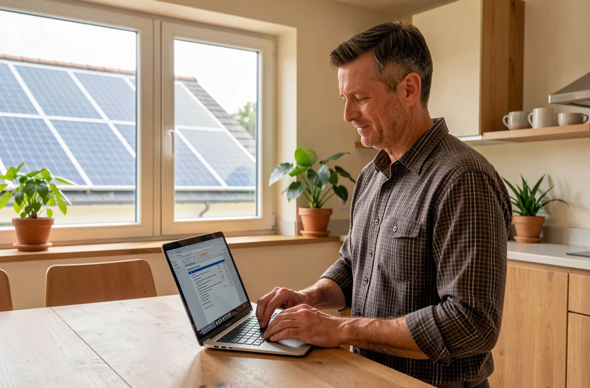 Propriétaire consultant un devis d'installation de panneaux solaires sur son ordinateur dans une maison de Limoges