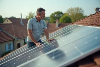 Propriétaire inspectant des panneaux solaires installés sur le toit de sa maison individuelle en France