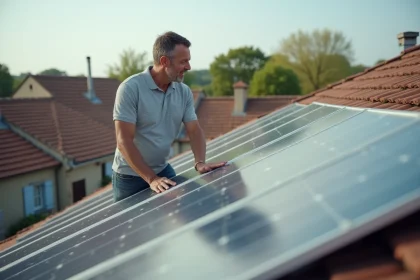 Propriétaire inspectant des panneaux solaires installés sur le toit de sa maison individuelle en France