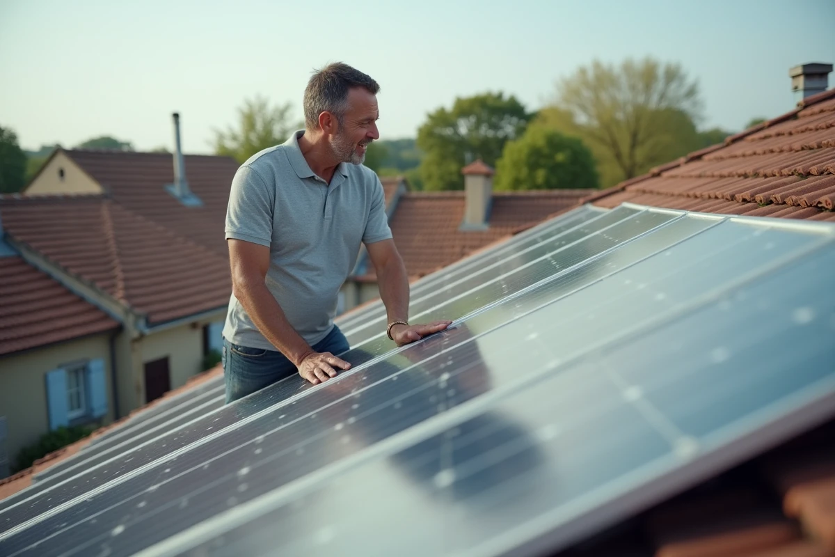 Propriétaire inspectant des panneaux solaires installés sur le toit de sa maison individuelle en France