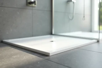 Receveur de douche extra plat encastré de niveau avec le carrelage dans une salle de bain contemporaine grise