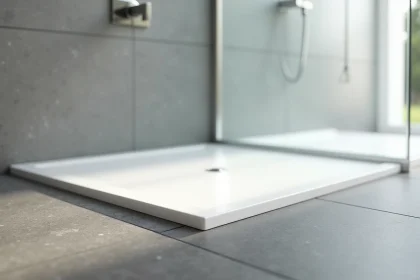Receveur de douche extra plat encastré de niveau avec le carrelage dans une salle de bain contemporaine grise