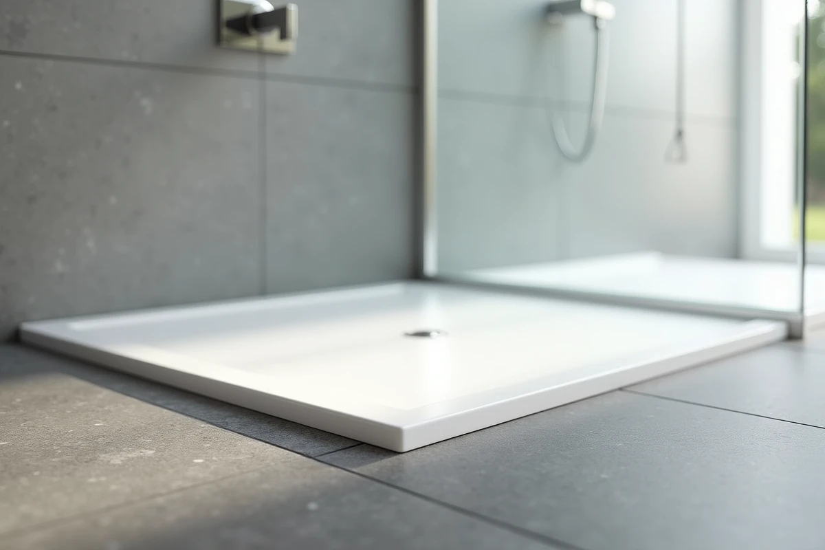 Receveur de douche extra plat encastré de niveau avec le carrelage dans une salle de bain contemporaine grise