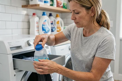 Femme mesurant la dose de lessive liquide dans le compartiment d'un tiroir de lave-linge ouvert