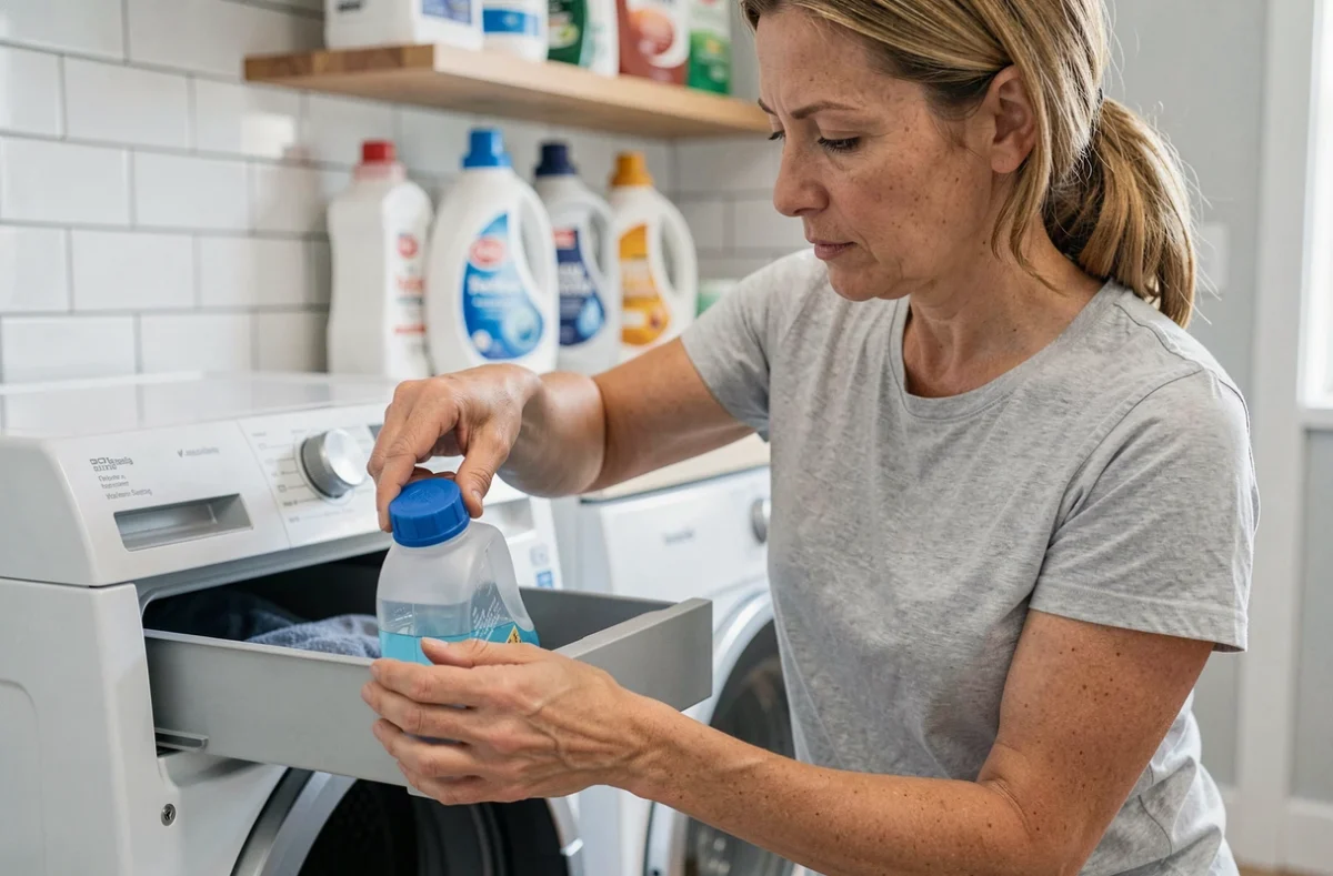 Femme mesurant la dose de lessive liquide dans le compartiment d'un tiroir de lave-linge ouvert