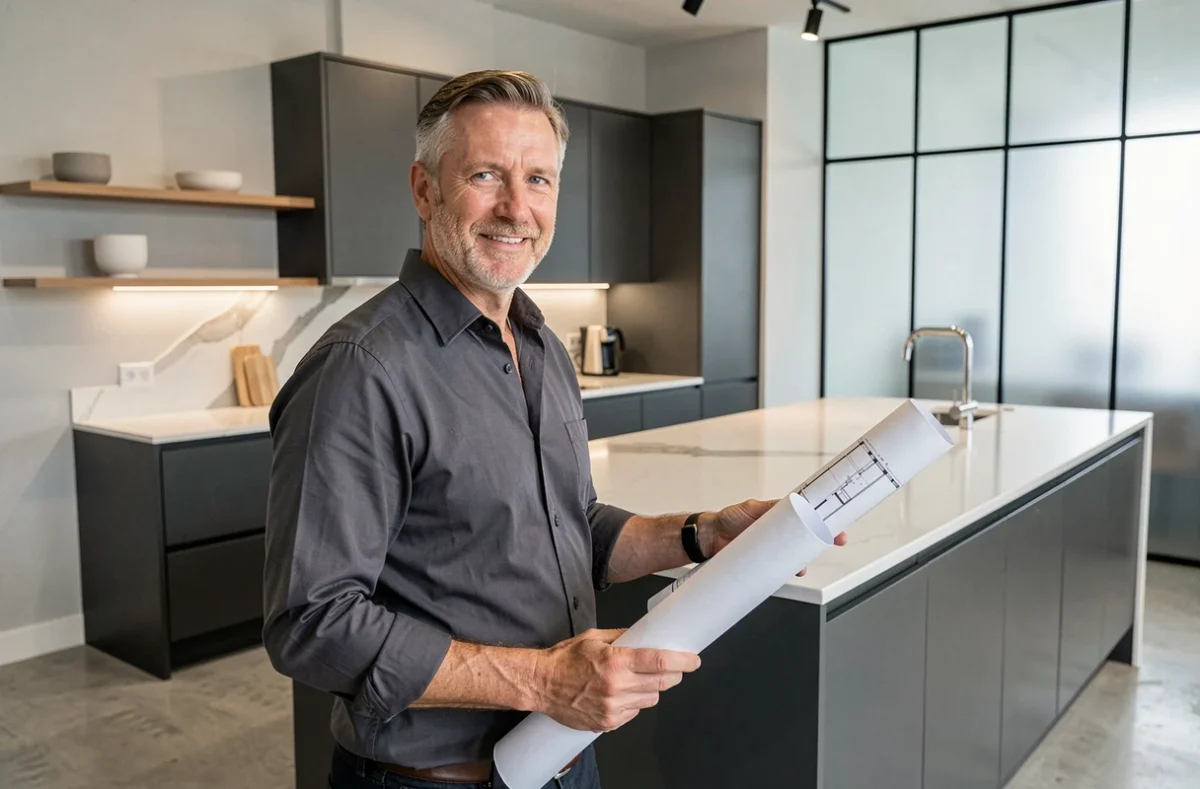 Rémi Mingam, cuisiniste du Finistère, présentant des plans de cuisine devant une réalisation contemporaine