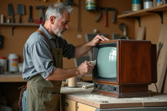 Artisan en train de poncer le meuble en bois d'un téléviseur vintage des années 70 dans un atelier authentique