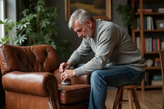 Homme appliquant une creme sur un fauteuil en cuir ancien