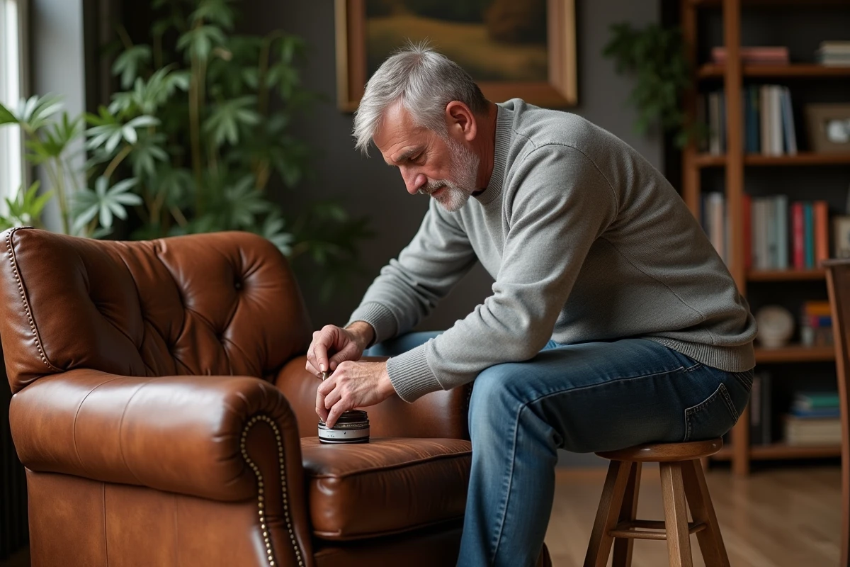 Homme appliquant une creme sur un fauteuil en cuir ancien