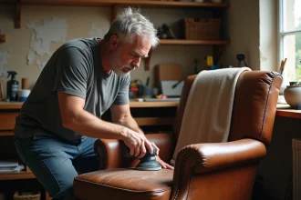 Homme d'âge moyen ponçant un fauteuil en cuir marron