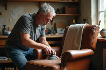 Homme d'âge moyen ponçant un fauteuil en cuir marron