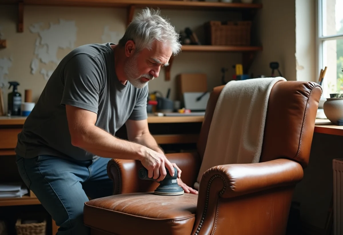 Homme d'âge moyen ponçant un fauteuil en cuir marron