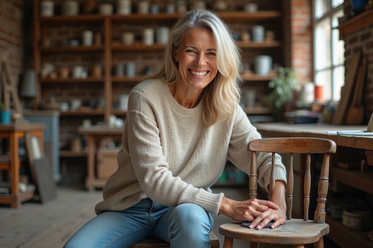Femme d'âge moyen ponçant une chaise en bois dans un atelier lumineux