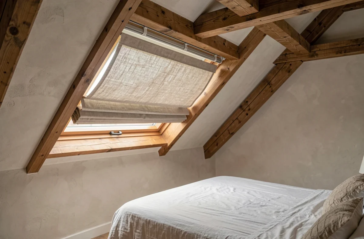Rideau thermique installé sur une fenêtre de toit Velux dans des combles aménagés avec poutres apparentes