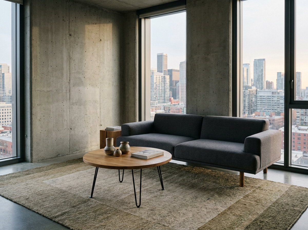 Salon contemporain minimaliste avec canapé gris anthracite, table basse en chêne et tapis en laine beige dans un appartement moderne aux murs en béton