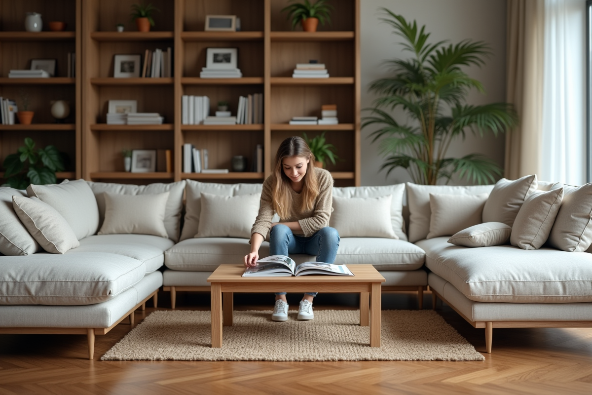 Salon avec canapé en U et femme arrangeant des magazines