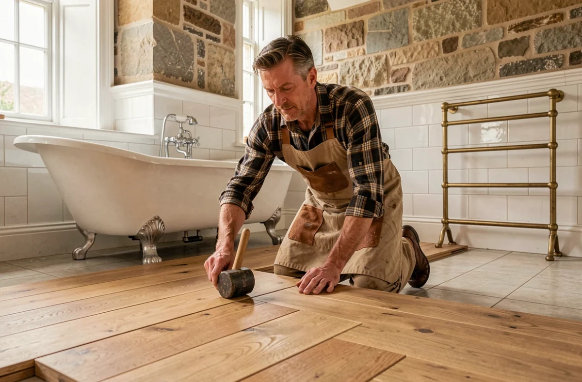 Artisan de Sarl EGP Entreprise Générale de Parquets posant un parquet en chêne dans une salle de bain rénovée dans le Gard