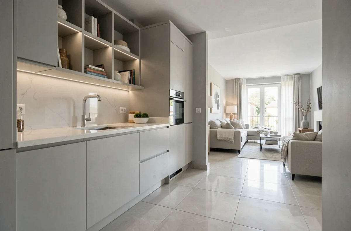 Cuisine et aménagement intérieur sur mesure en gris laqué réalisés par SARL SMC