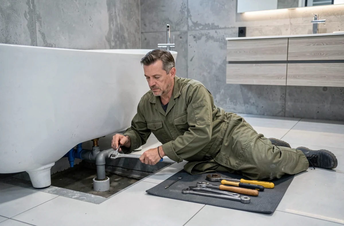 Plombier de Sarl Tech 2 Plomberie travaillant sous une baignoire autoportante lors d'une installation dans le Gard