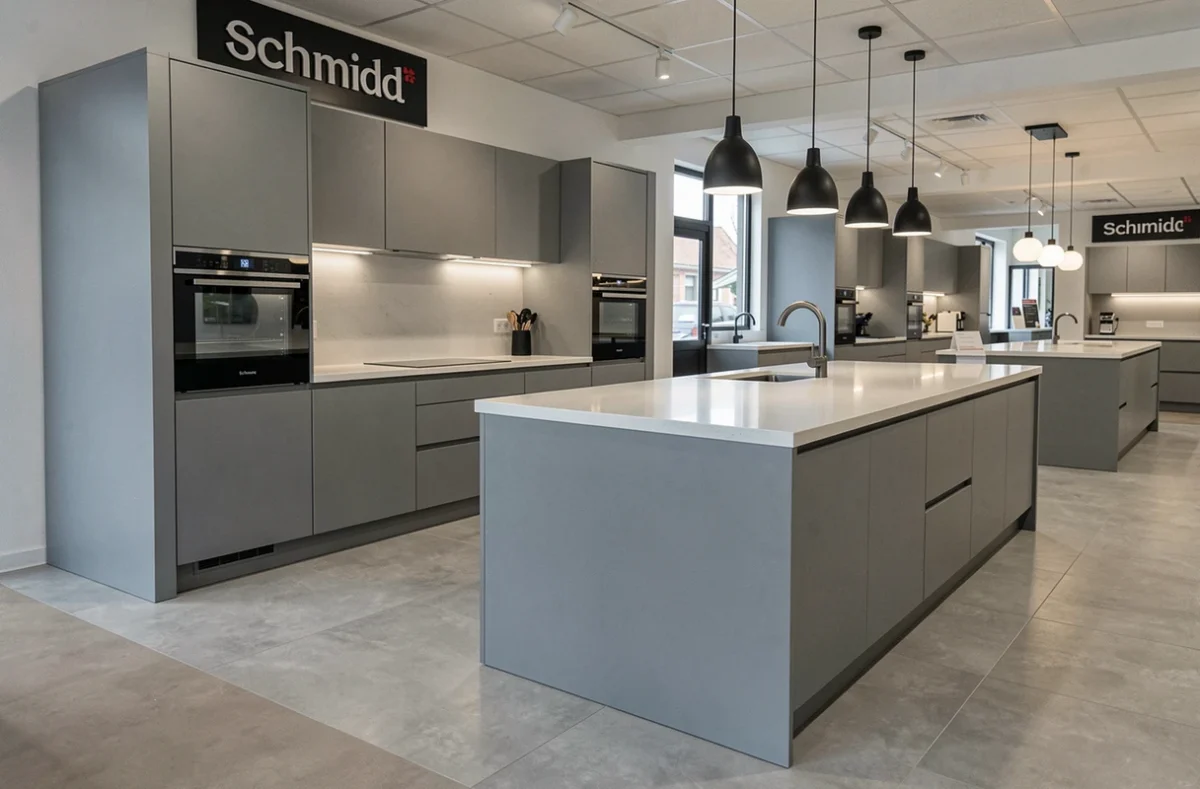 Showroom Schmidt Quimper avec une cuisine grise contemporaine et ses équipements intégrés