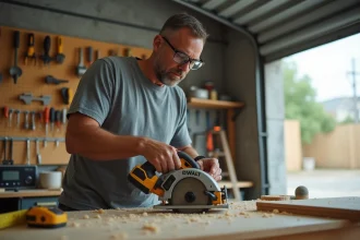 Artisan tenant une scie circulaire sans fil 12V Lidl dans un atelier de bricolage