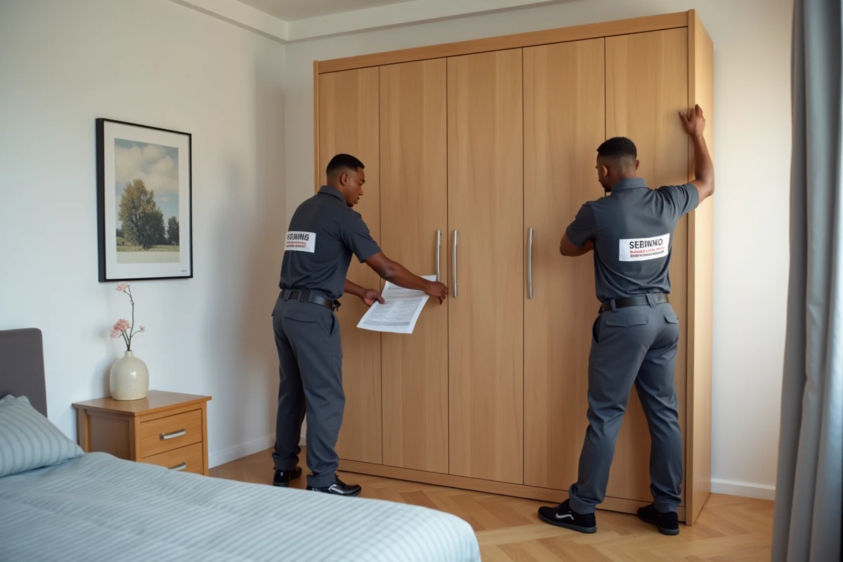 Équipe de livraison BUT assembling une armoire dans un appartement moderne dans le cadre du service de montage meuble