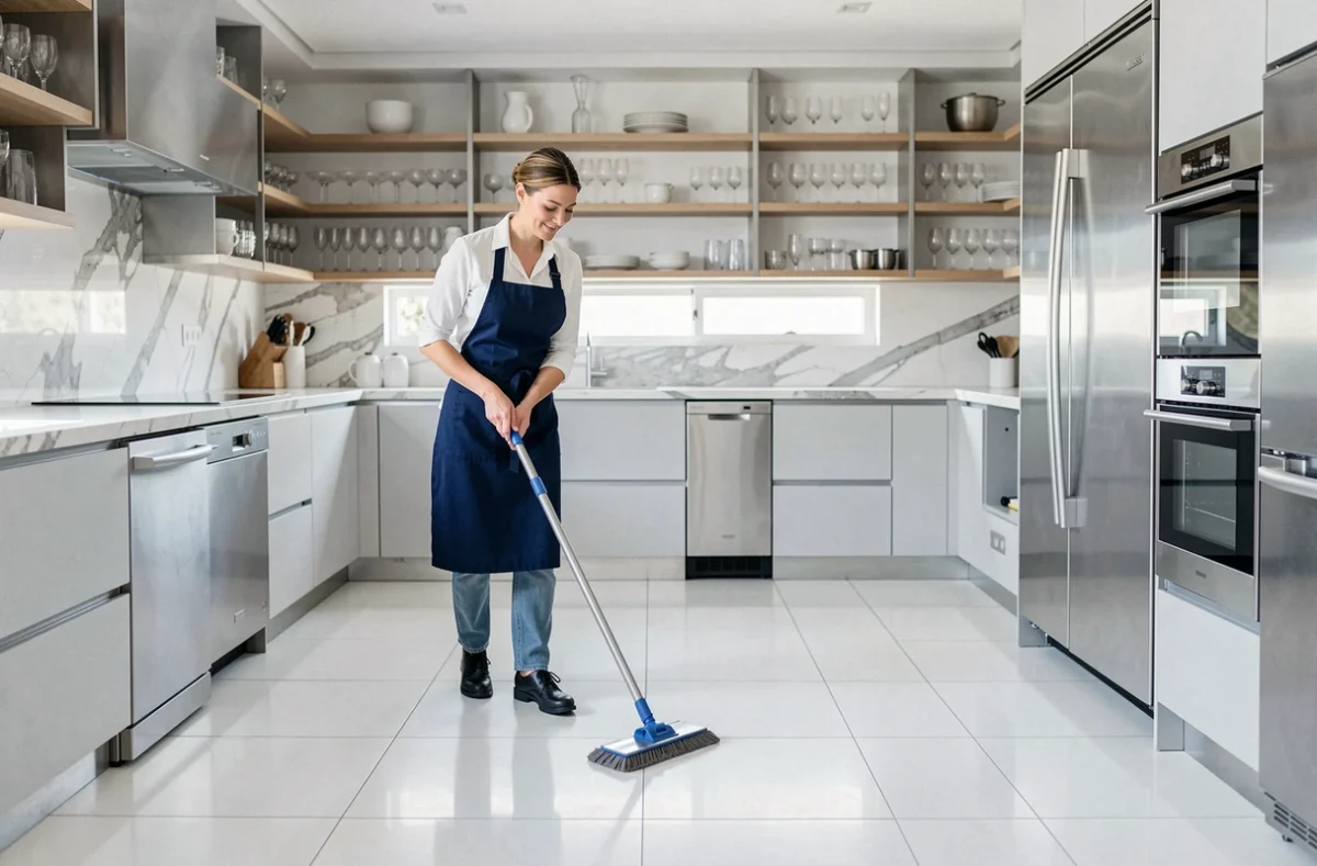 Professionnelle de ménage nettoyant le sol d'une cuisine haut de gamme à Monaco avec équipements en acier inoxydable et plans de travail en marbre
