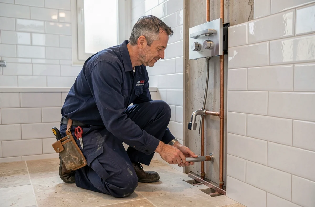 Installateur de Sud Climatique en train de poser une colonne de douche thermostatique dans une salle de bain moderne