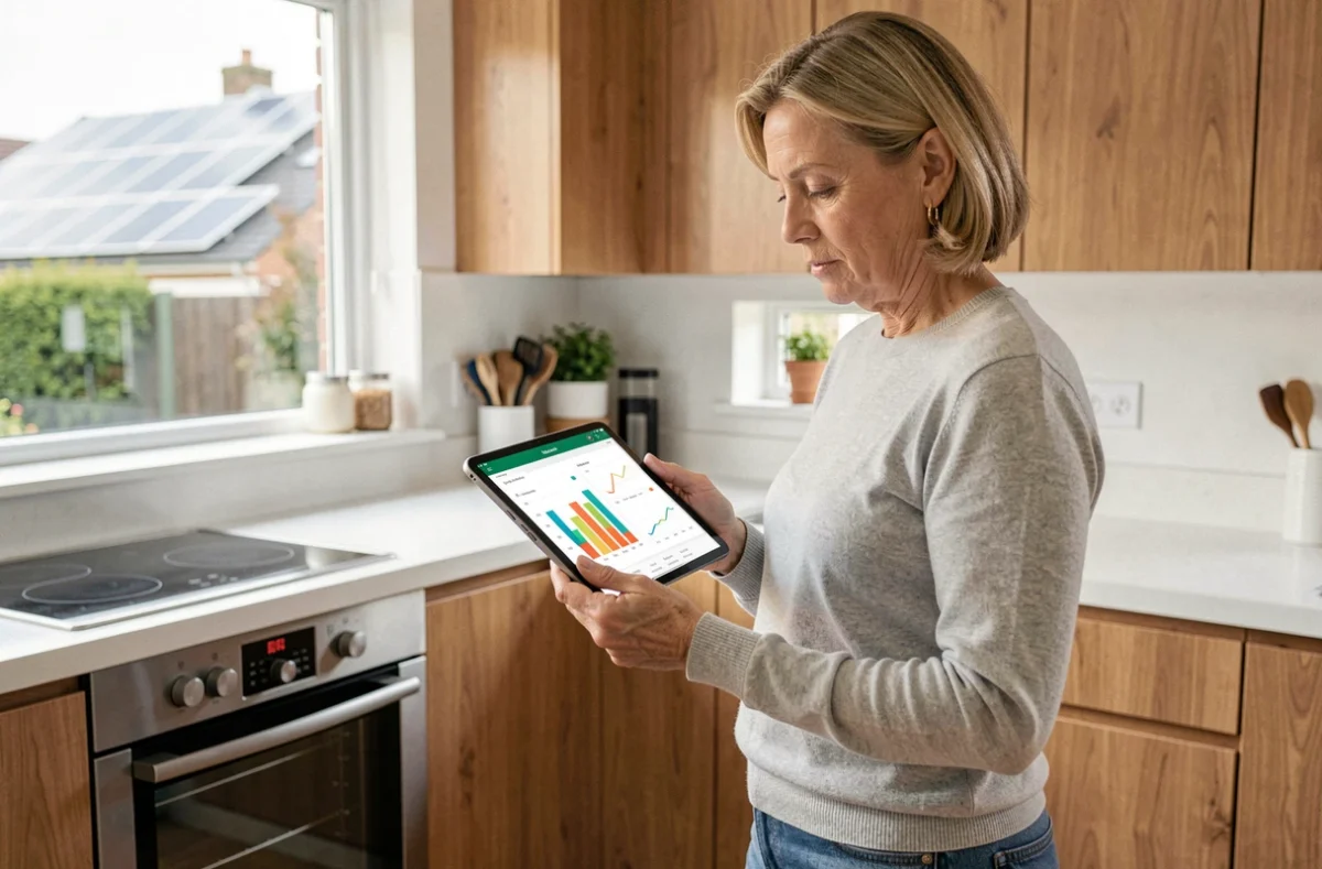 Femme consultant les données de production d'un kit solaire autoconsommation 3000W triphasé sur tablette