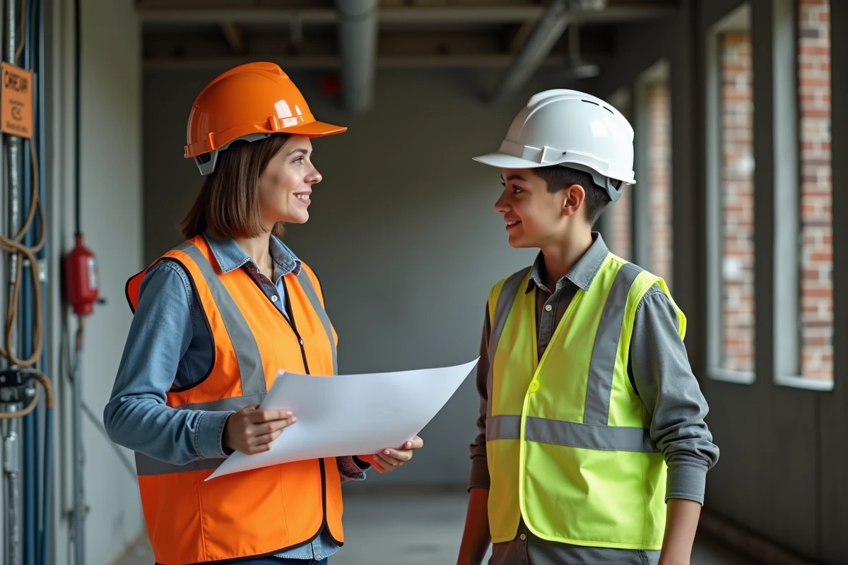 Superviseure discutant plans avec apprenti dans un appartement