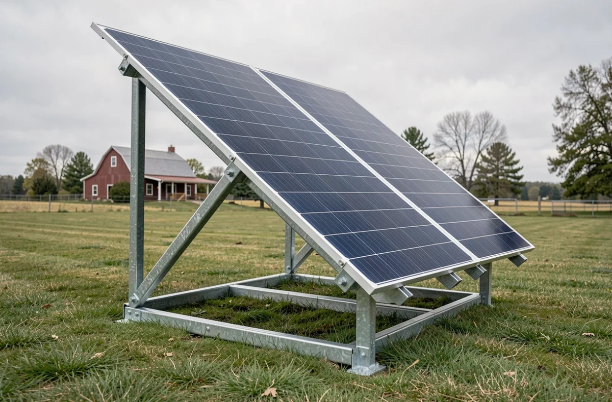 Support de panneau solaire au sol en acier galvanisé avec deux panneaux photovoltaïques installés dans un jardin rural