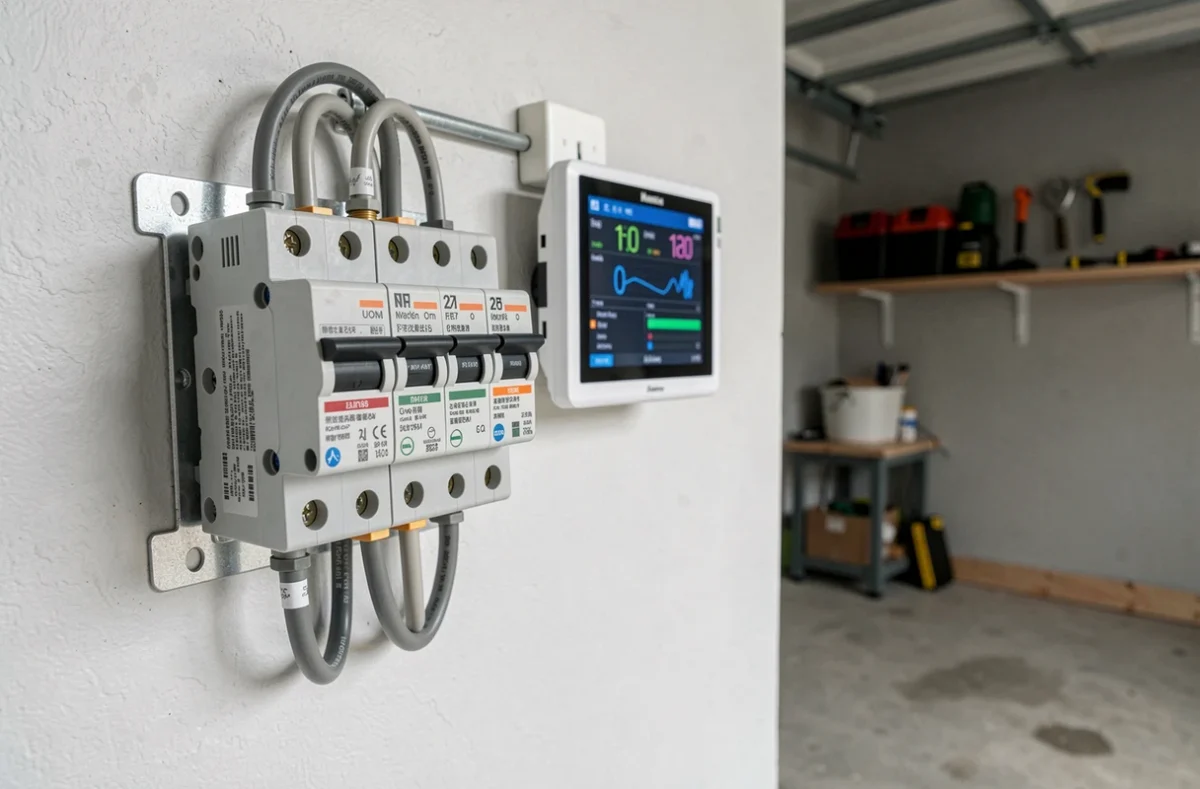 Tableau électrique triphasé connecté à un système solaire autoconsommation 3000W avec compteur de production
