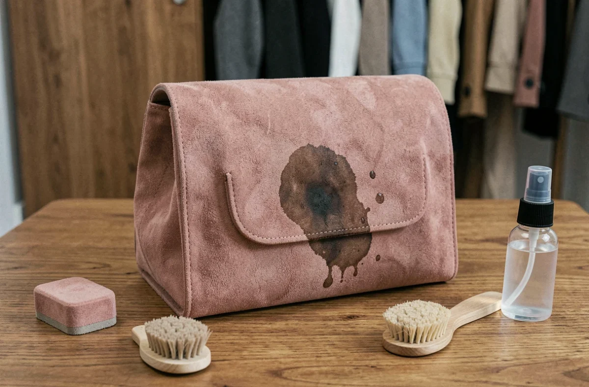 Gros plan d'un sac en daim rose avec une tache entouré d'accessoires de nettoyage pour cuir suédé