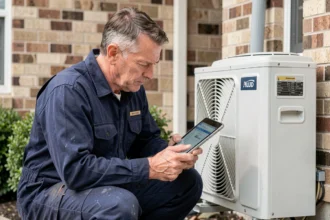 Technicien HVAC examinant une climatisation murale extérieure lors d'une visite de devis à domicile