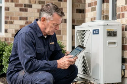 Technicien HVAC examinant une climatisation murale extérieure lors d'une visite de devis à domicile