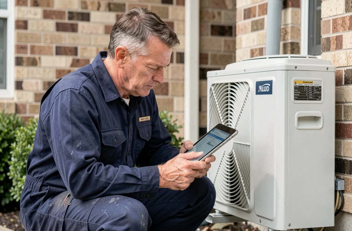 Technicien HVAC examinant une climatisation murale extérieure lors d'une visite de devis à domicile