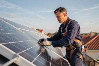 Technicien inspectant des panneaux photovoltaïques sur un toit résidentiel en milieu pavillonnaire