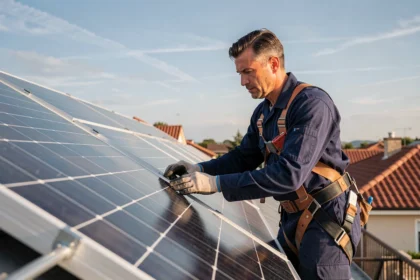 Technicien inspectant des panneaux photovoltaïques sur un toit résidentiel en milieu pavillonnaire