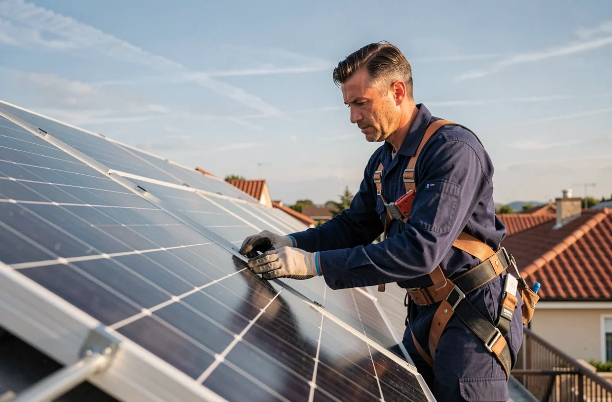 Technicien inspectant des panneaux photovoltaïques sur un toit résidentiel en milieu pavillonnaire