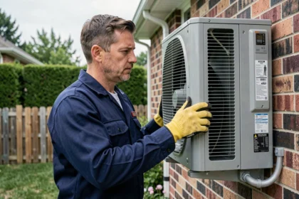 Technicien inspectant une pompe à chaleur air-air extérieure fixée sur une maison individuelle