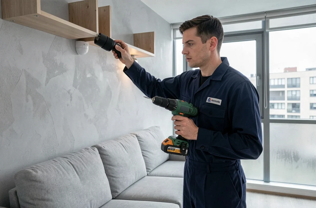 Technicien installant un détecteur de mouvement sans fil d'un système d'alarme dans un appartement