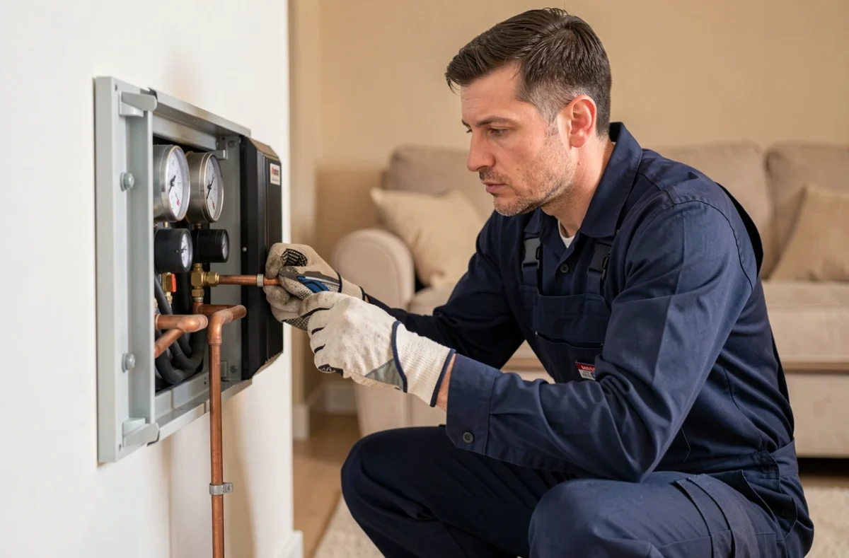 Technicien chauffagiste inspectant une pompe à chaleur intérieure dans un appartement européen