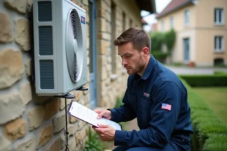 Technicien en chauffage évaluant une pompe à chaleur air-air installée sur une maison en pierre à Nevers