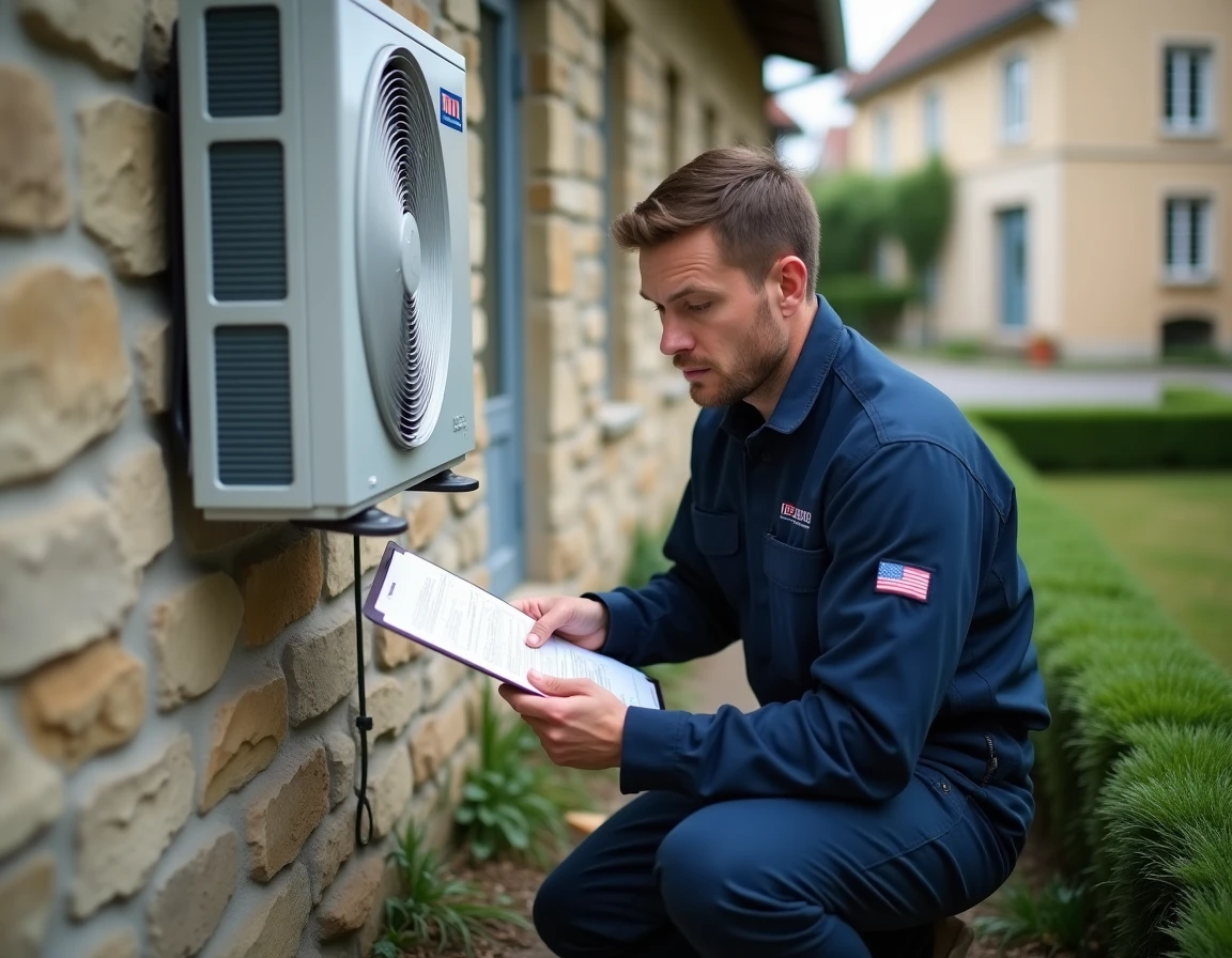 Technicien en chauffage évaluant une pompe à chaleur air-air installée sur une maison en pierre à Nevers