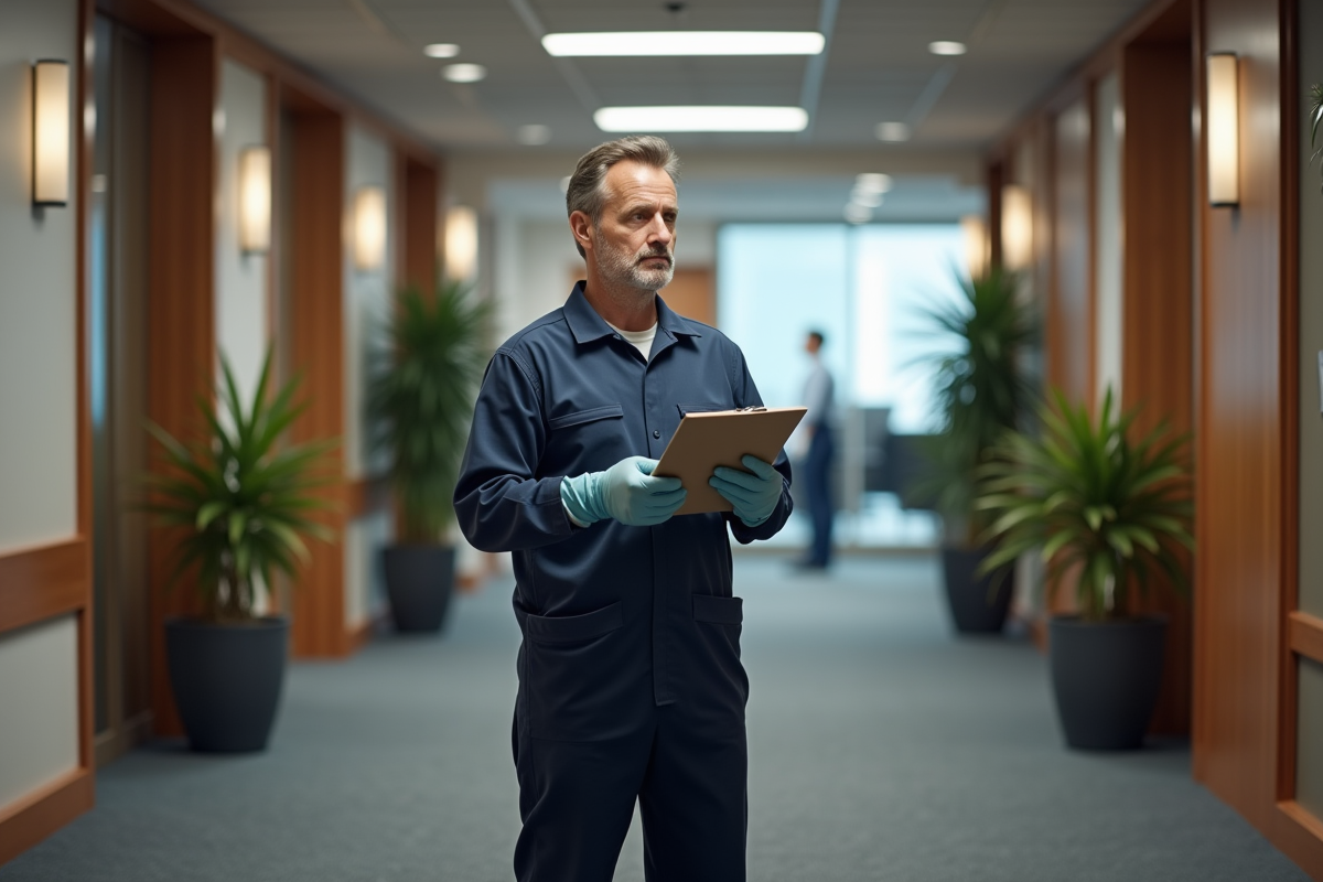 Technicien nettoyage homme inspectant un bureau moderne