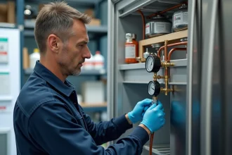Technicien en réfrigération connectant un manomètre à un réfrigérateur moderne ouvert dans un atelier de réparation professionnel